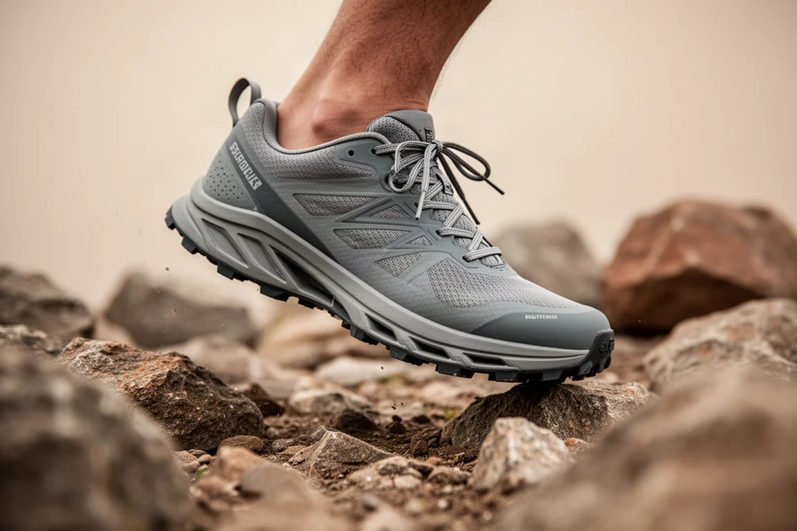Trail shoe stepping over rocky technical ground beside a stone