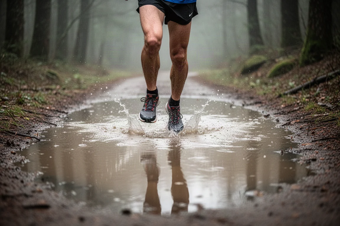 Trail runner splashing through a wet flooded section of trail