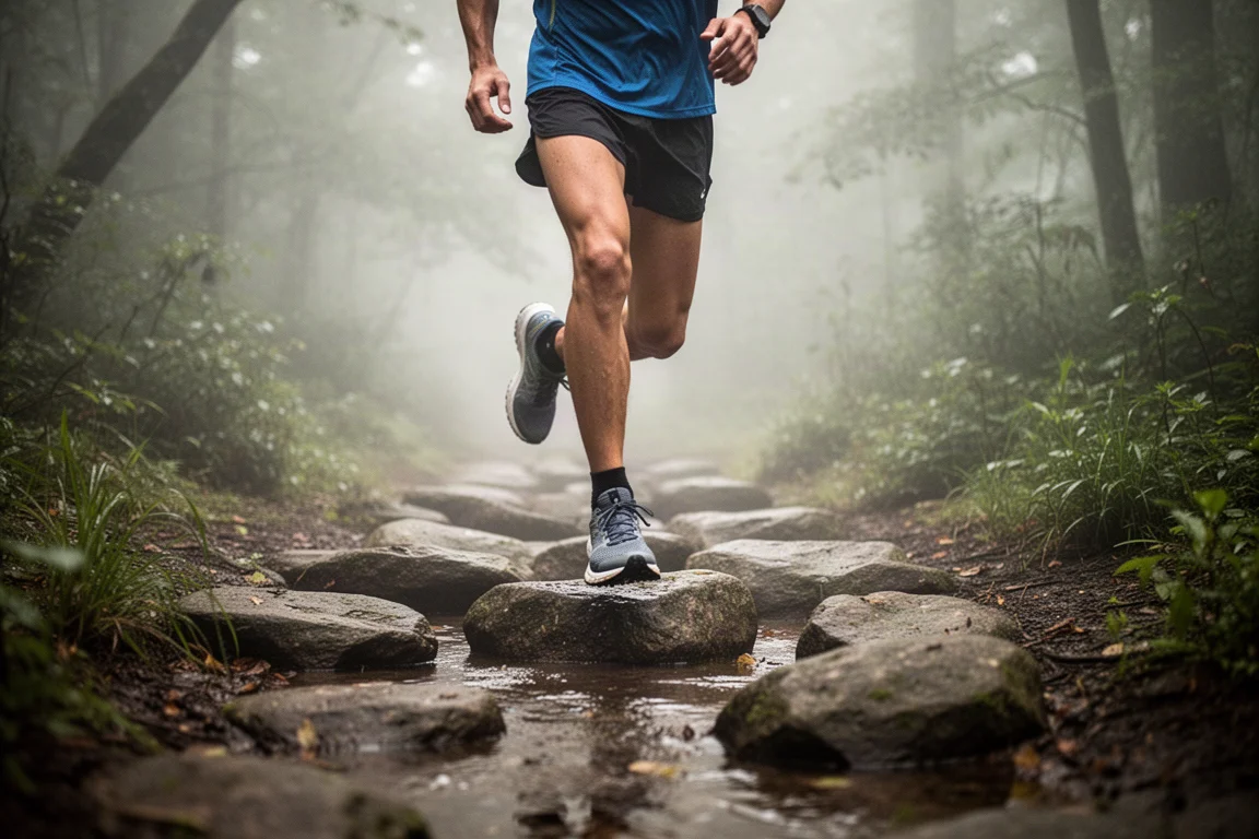 Trailrunner die een stenen gedeelte oversteekt op een nat bos PAD