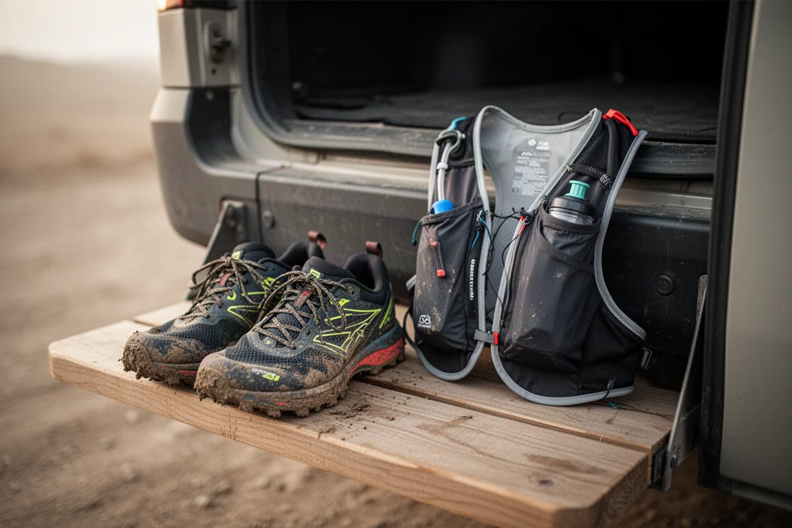Trailschoenen naast een gepakte hardloopvest na afloop van een run