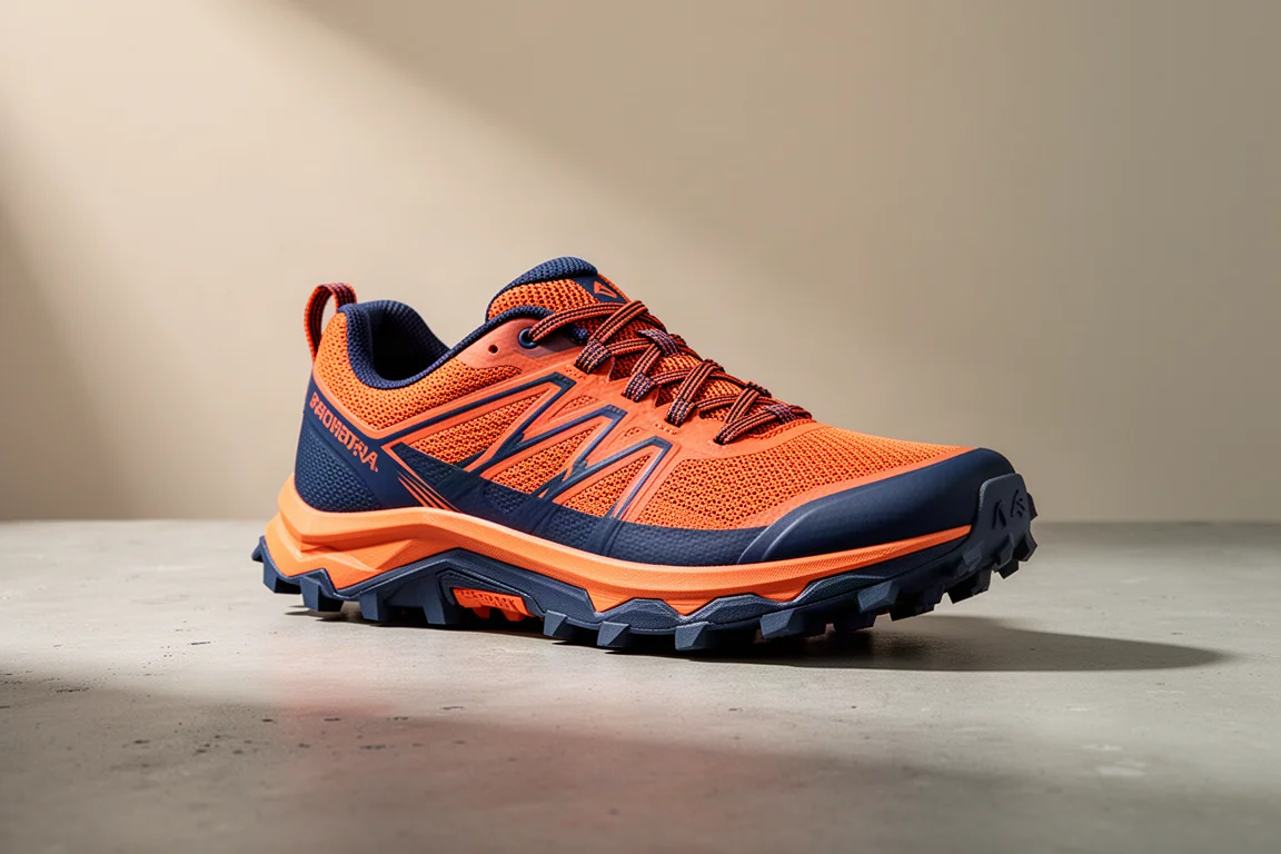 Saucony Peregrine 15 trail running shoe in orange and navy on a concrete surface