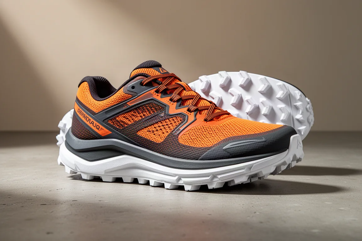橙黑配色的 Saucony Peregrine 16 越野跑鞋放置在混凝土表面上