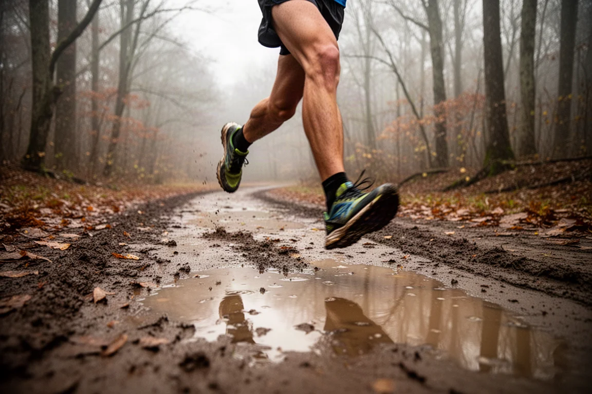Trailrunner bewegt sich bei weichem, bedecktem Licht auf einem matschigen Waldweg