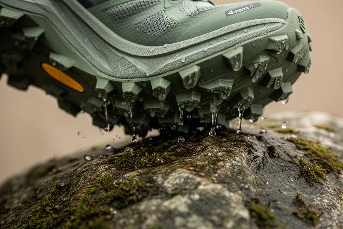 Nahaufnahme tiefer Stollen einer Trailschuh-Außensohle, die nassen Felsen greift