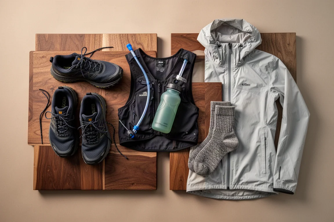 Trailrunningschuhe und Laufausrüstung liegen bei Morgendämmerung auf einem Holzboden