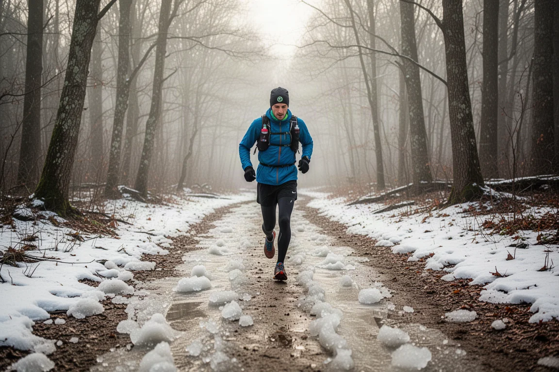 Trail runner walking across an icy, slushy winter trail in soft light