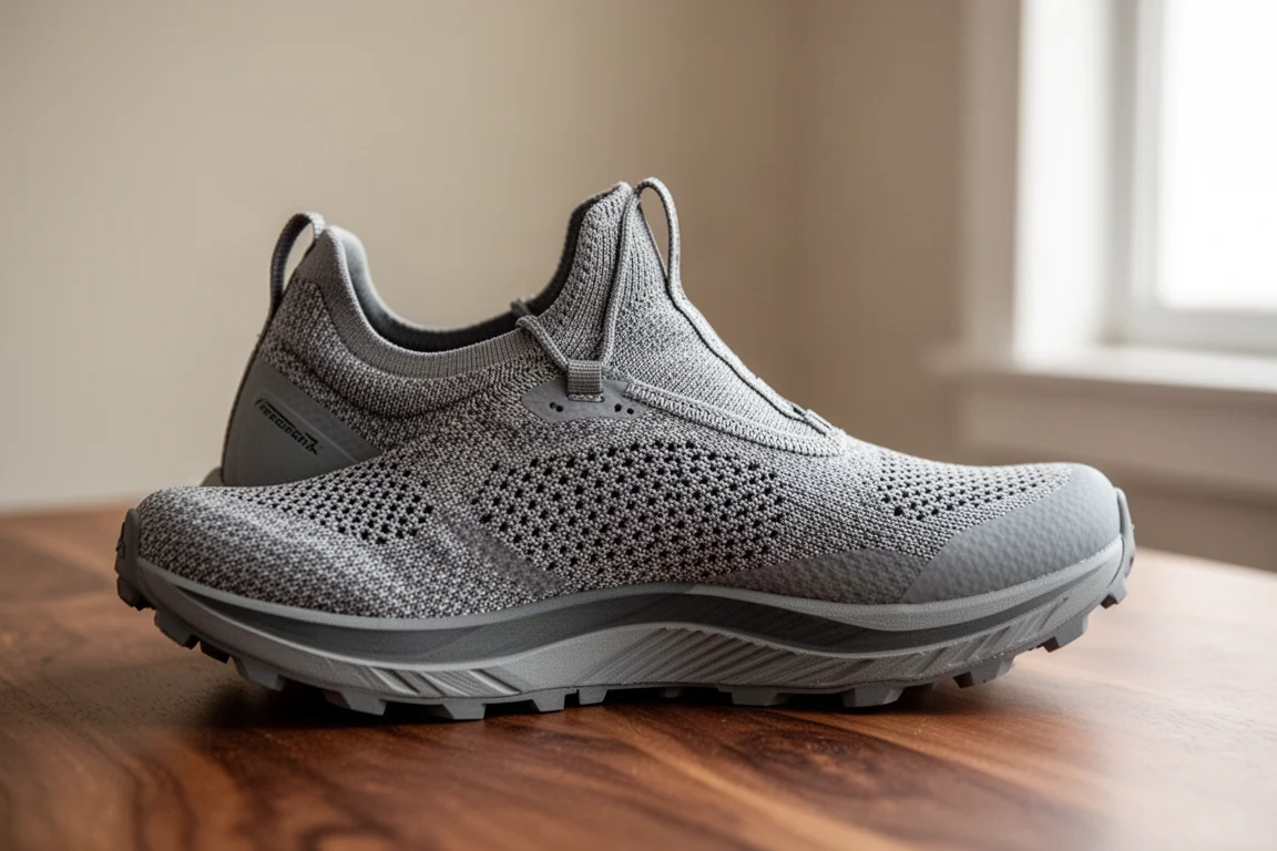 Close-up of a trail shoe upper showing gusseted tongue and snug heel area