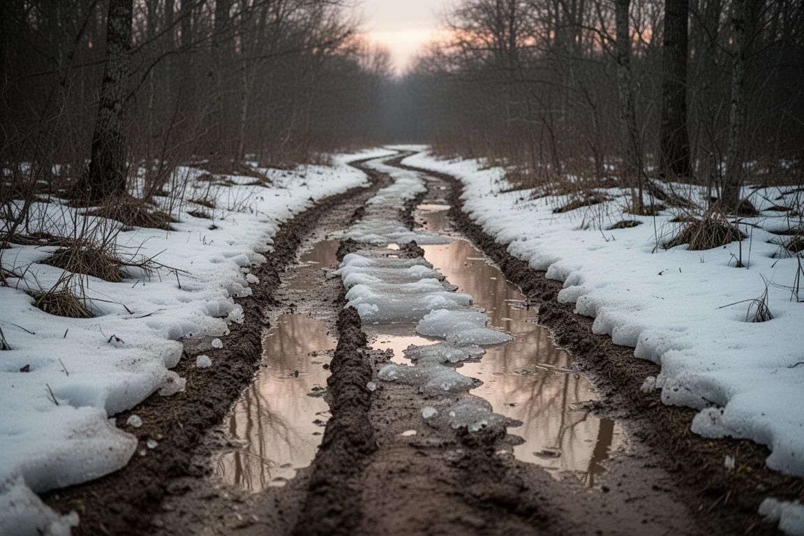 Winter trail with snow, ice patches, and muddy ruts in low light