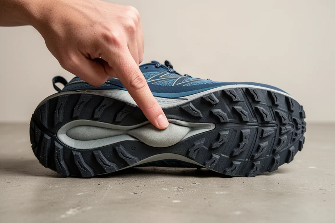 Hand pressing thumb into a trail shoe midsole to test cushioning firmness