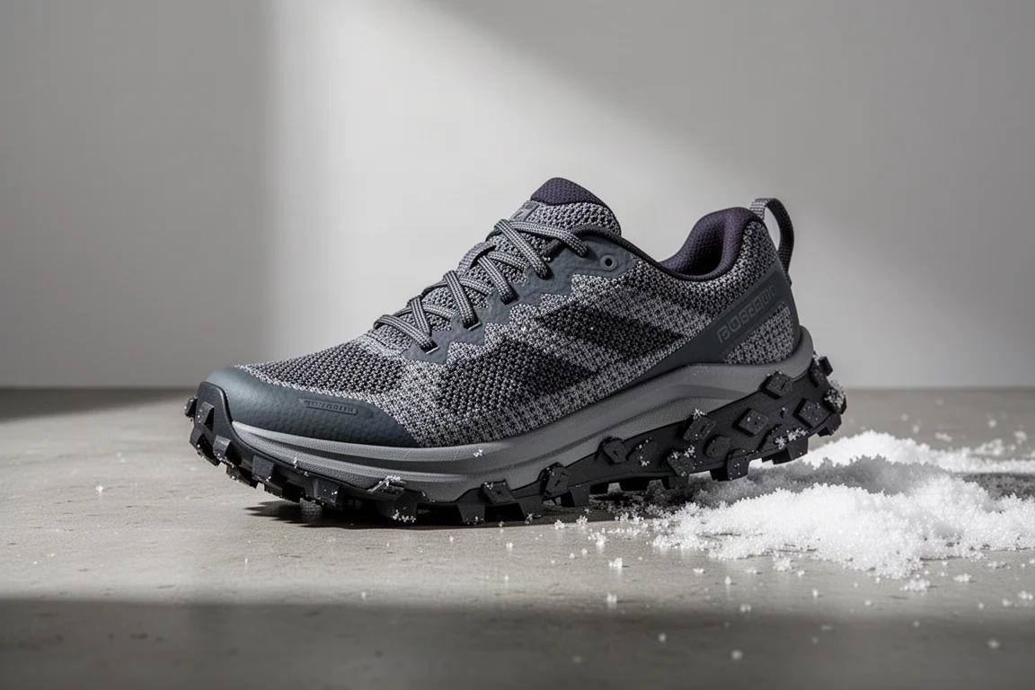 Saucony Peregrine Ice+ 3 trail running shoe on concrete with light snow
