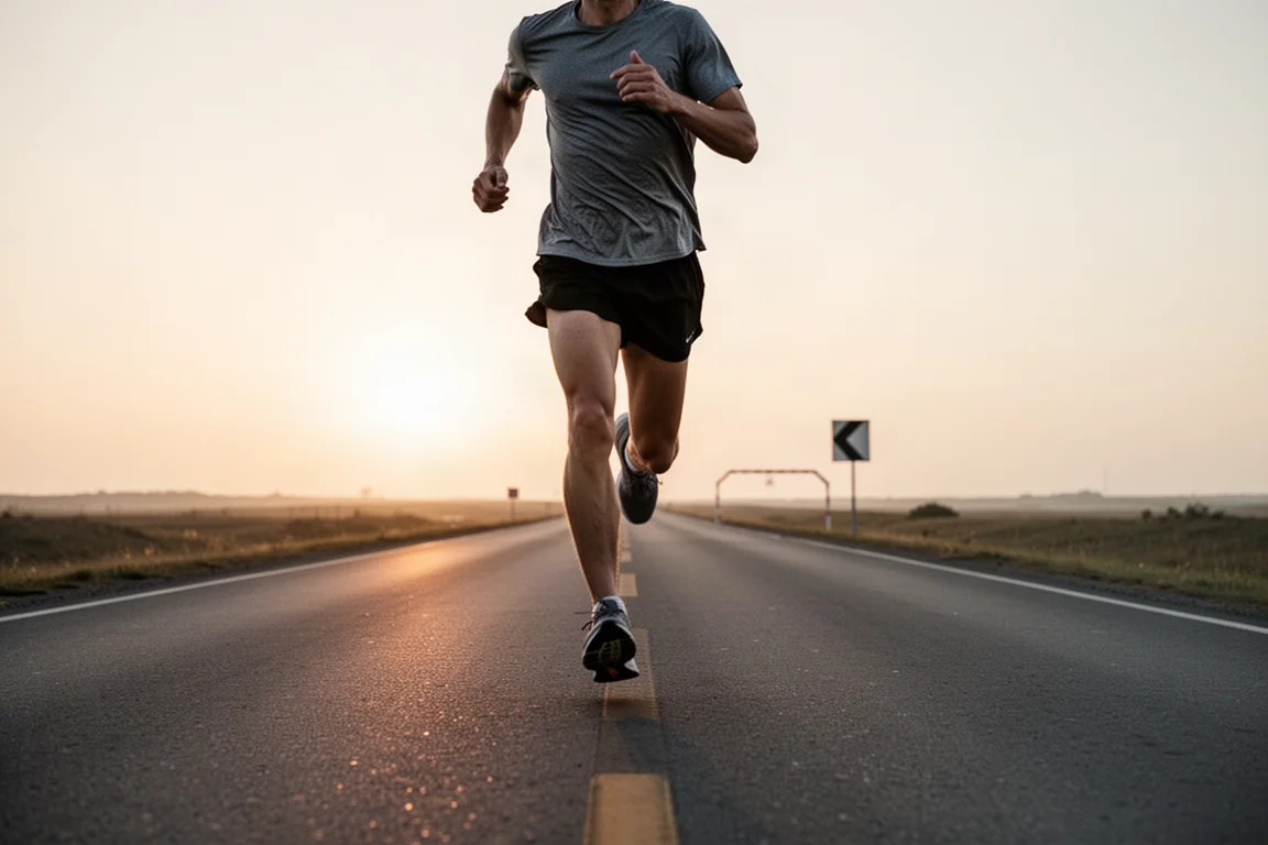 開けた遊歩道で二人のランナーがペースを上げて並走する様子