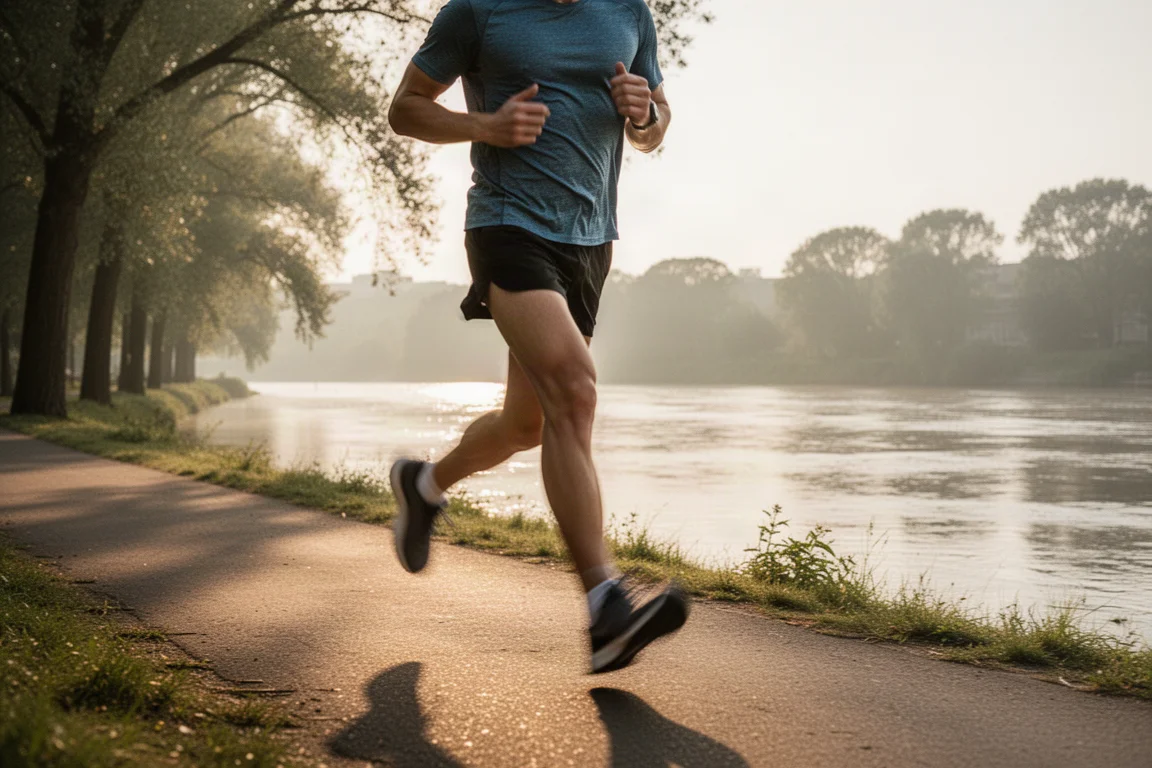 Läufer joggt an einem sonnigen Morgen entlang eines Flusswegs