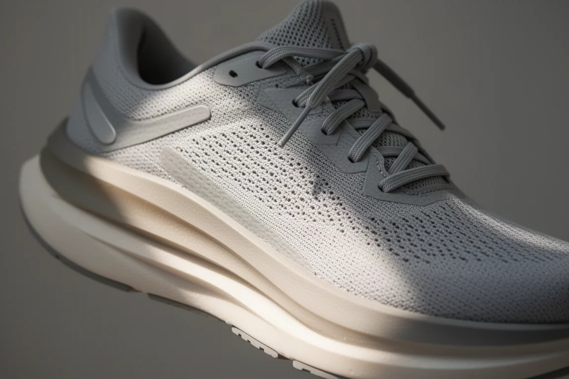 Nahaufnahme einer Laufschuh-Zwischensohle mit atmungsaktivem Mesh-Obermaterial