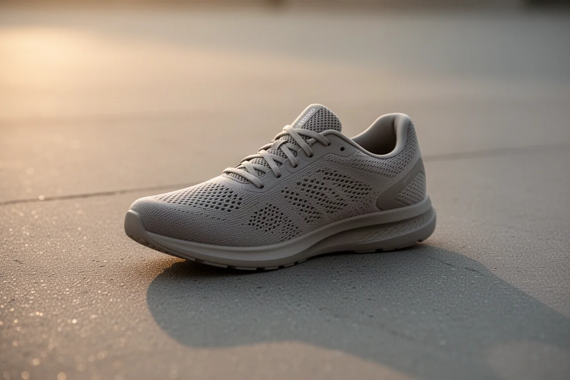 Piedi di un corridore con scarpe da running ammortizzate che toccano l'asfalto a ritmo facile