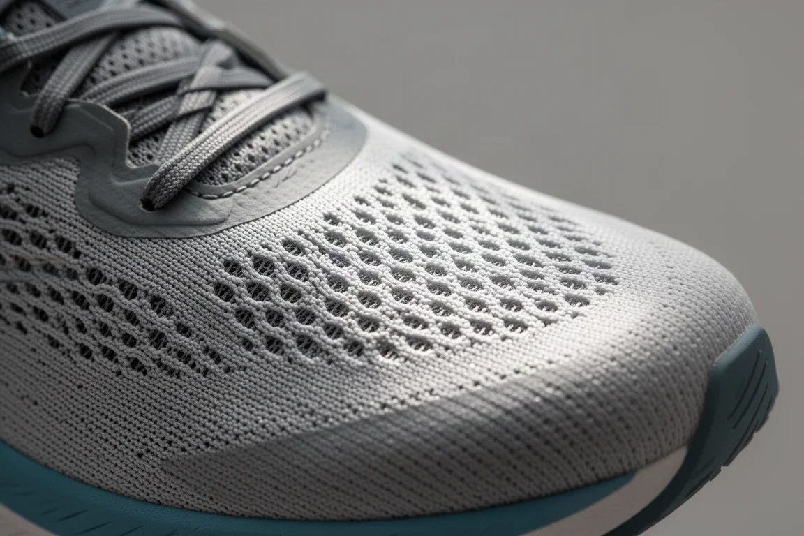 Primo piano della tomaia in mesh tecnico traspirante di una scarpa da running