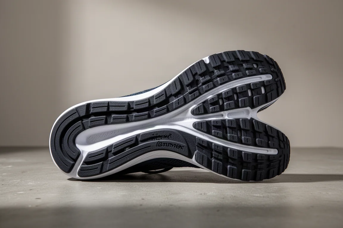 Suola in gomma dura di una scarpa da running con pattern di usura sul cemento