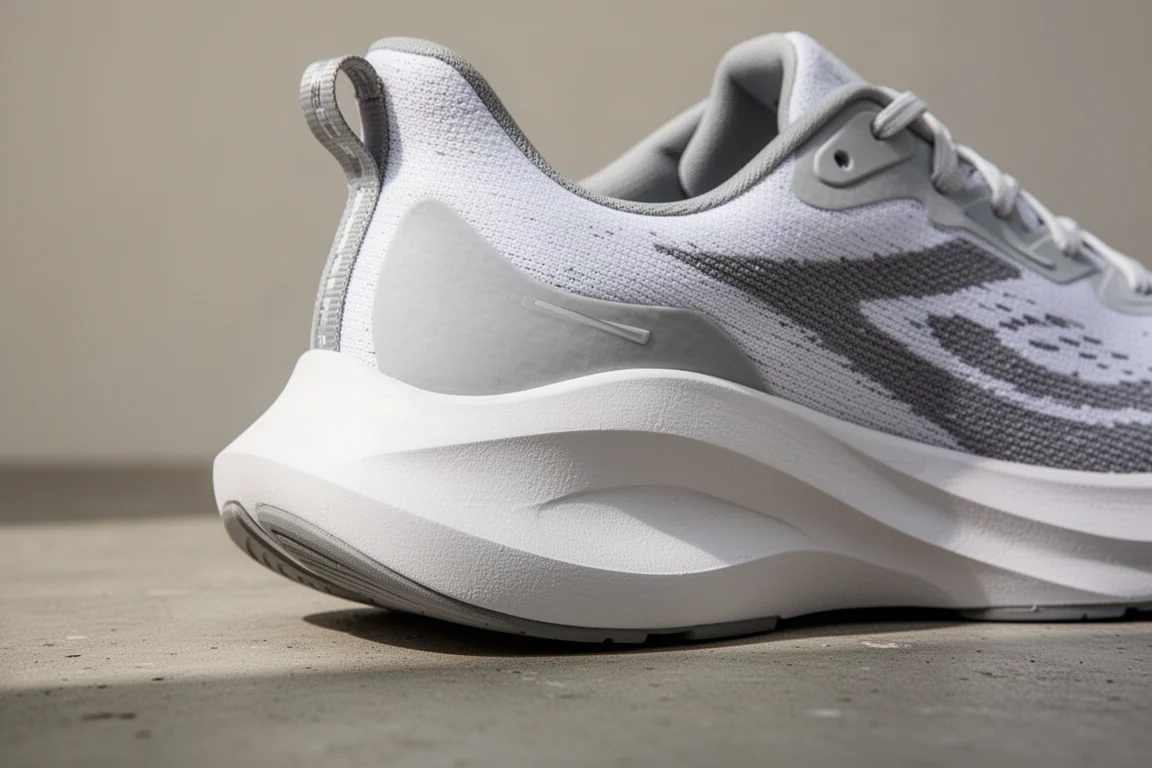 Primo piano della spessa intersuola in schiuma bianca di una scarpa da running neutra