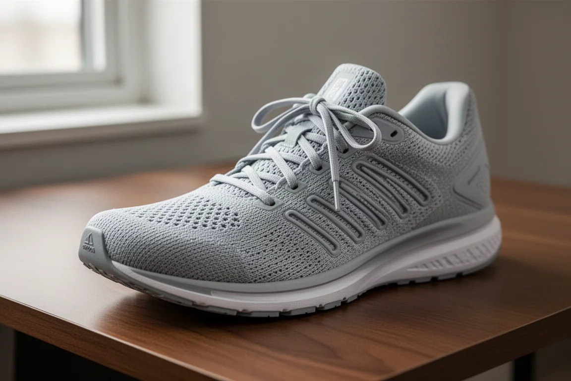 Tomaia di una scarpa da running con sistema di lacci scanalato su una scrivania in legno