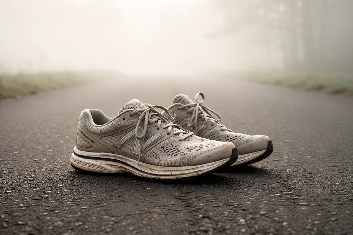 Scarpe da allenamento quotidiano di un corridore sul bordo dell'asfalto nella tenue luce del mattino
