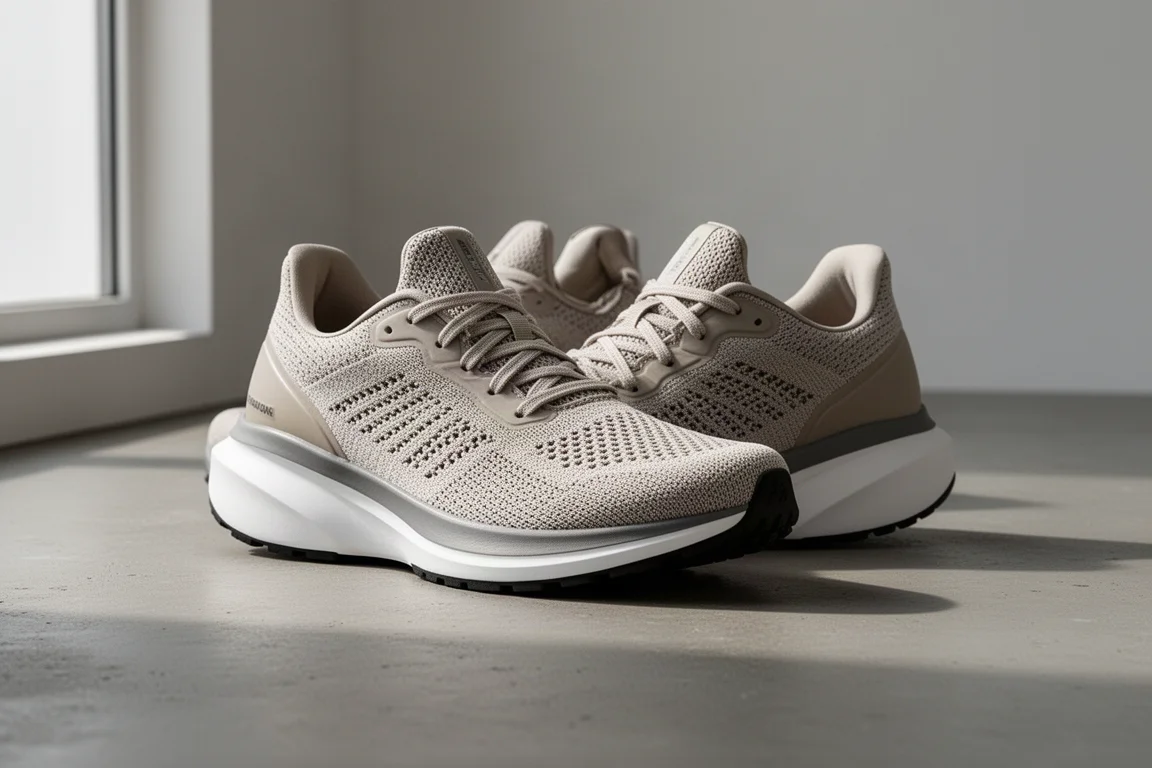 Pair of neutral daily training running shoes on a matte concrete surface