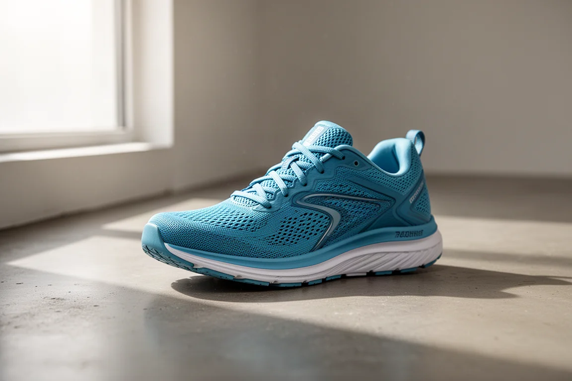 Un runner allaccia una daily trainer leggera su una tranquilla strada asfaltata all'alba