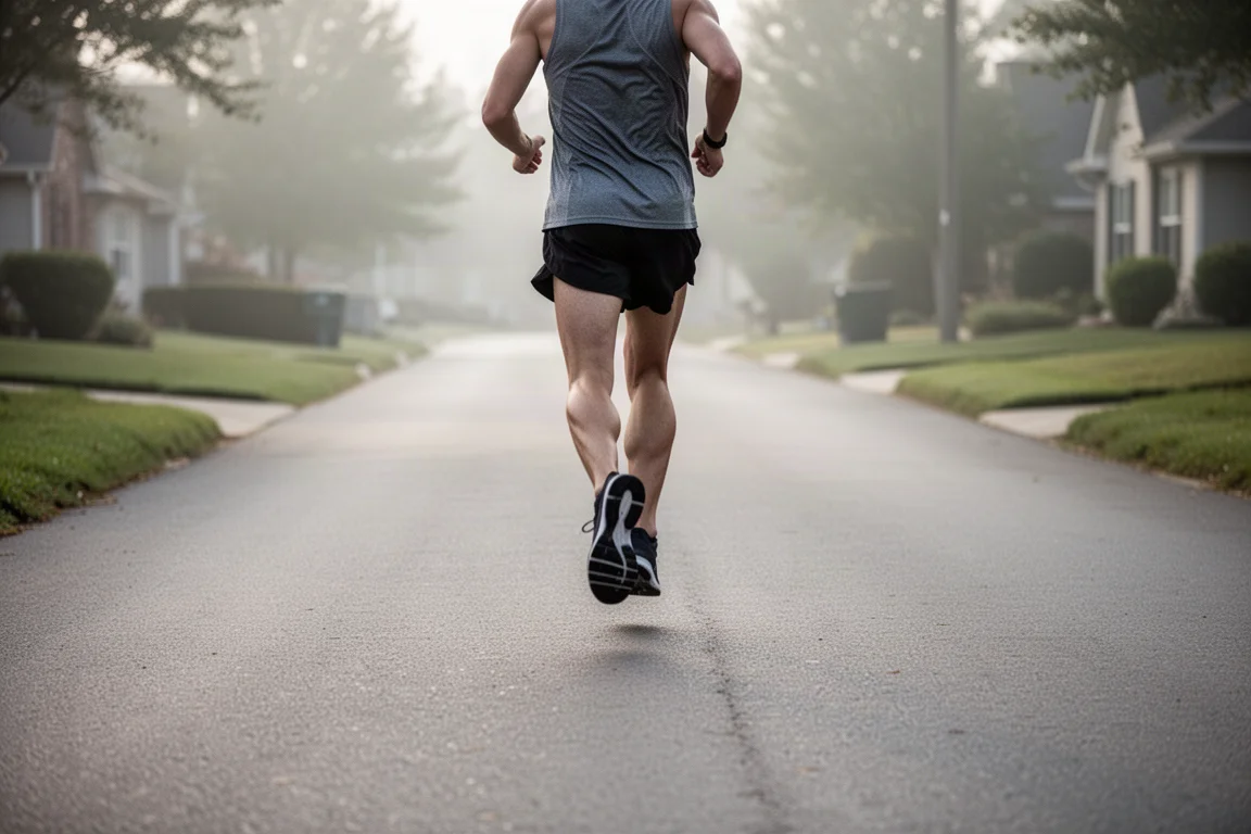 Un runner accelera il ritmo su una strada aperta nella luce morbida della sera