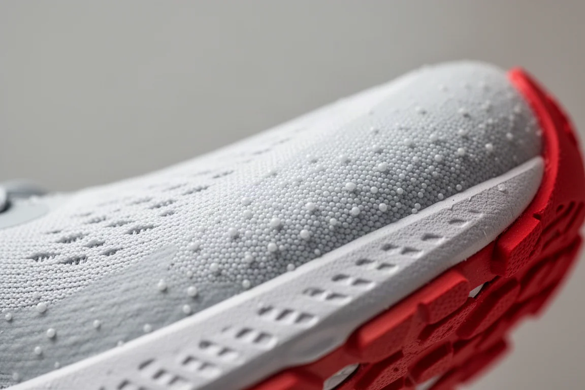 Running shoe midsole close-up showing beaded TPU foam texture