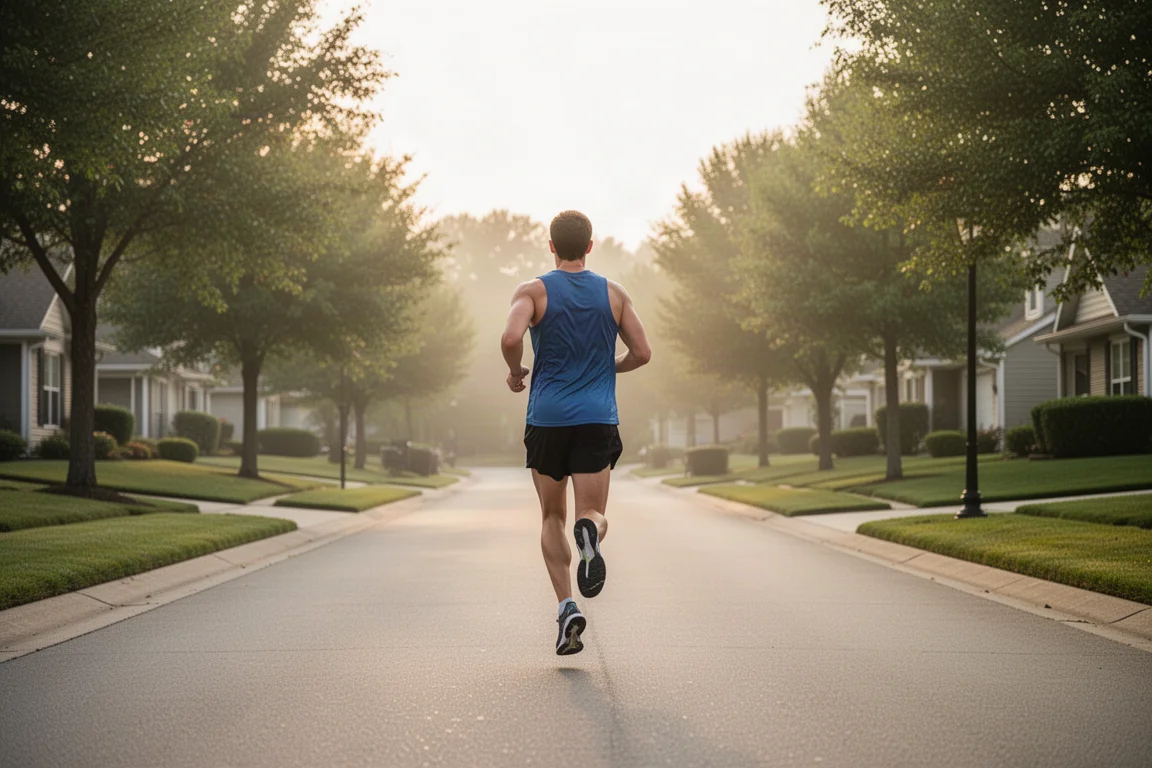 Runner on smooth suburban pavement during a steady morning run