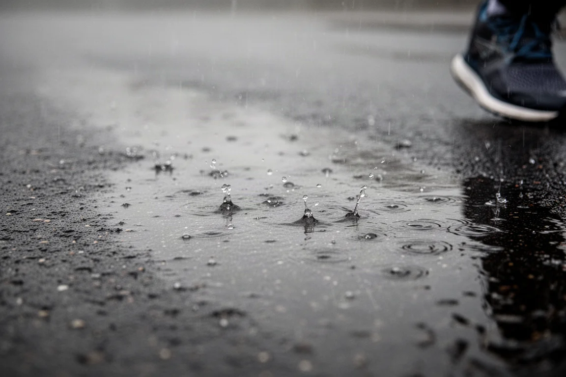 Wet road surface with visible reflections during light rain