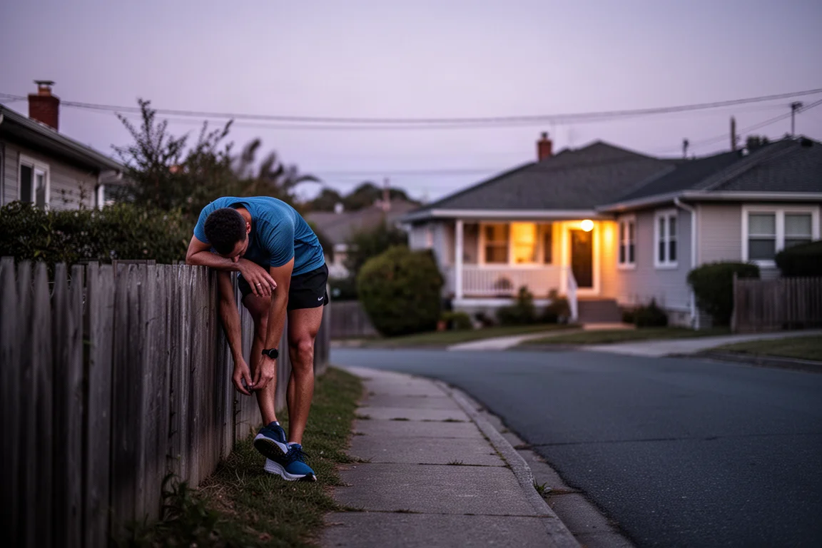 Runner stretching after a double workout day at dusk