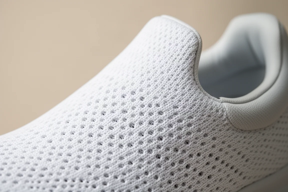 Nahaufnahme eines atmungsaktiven Schuhschafts aus technischem Mesh mit Belüftungslöchern