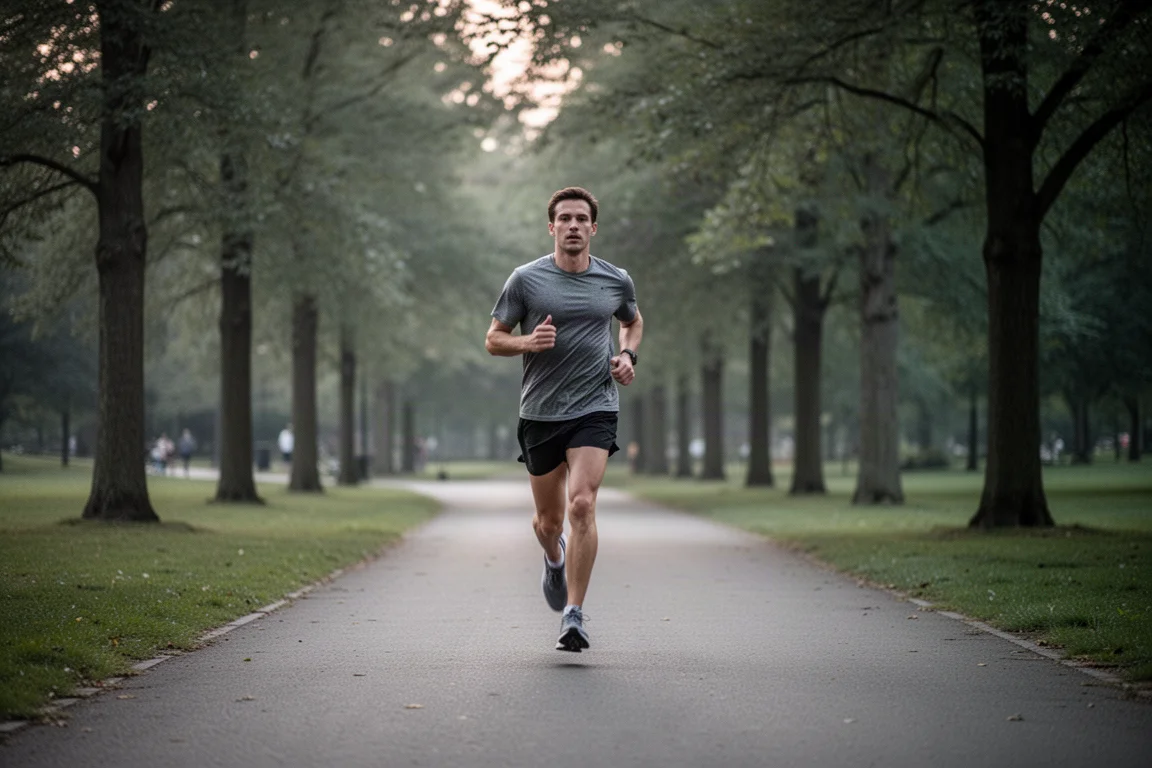 Läufer jogging eine lockere Regeneration durch einen stillen Parkweg in der Abenddämmerung