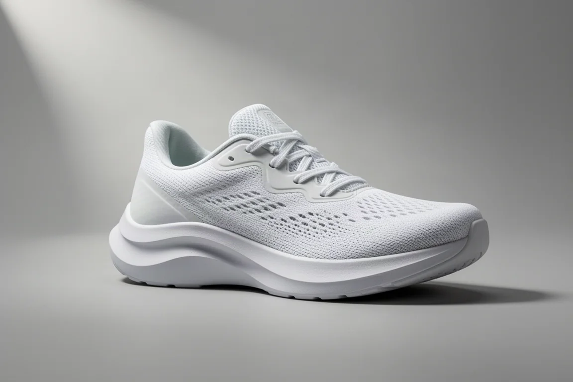 White daily running shoe in three-quarter profile on a grey studio backdrop