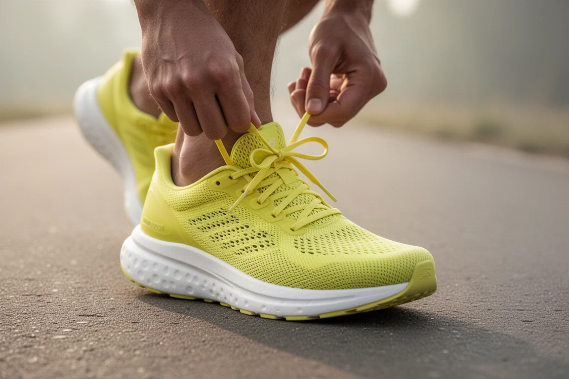 Coureur attachant les lacets d'une chaussure de running jaune sur un chemin pavé