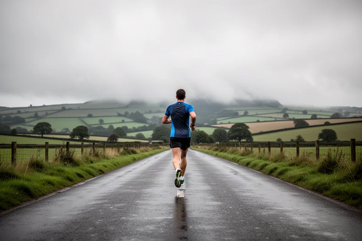 Coureur effectuant des kilomètres tranquilles sur une route de campagne paisible sous un ciel couvert