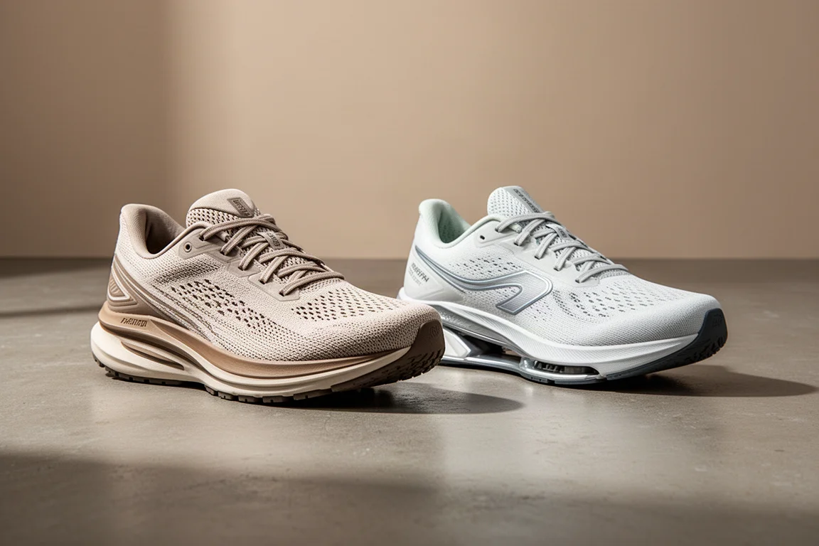 Saucony Ride 17 and Hoka Mach X running shoes side by side on concrete