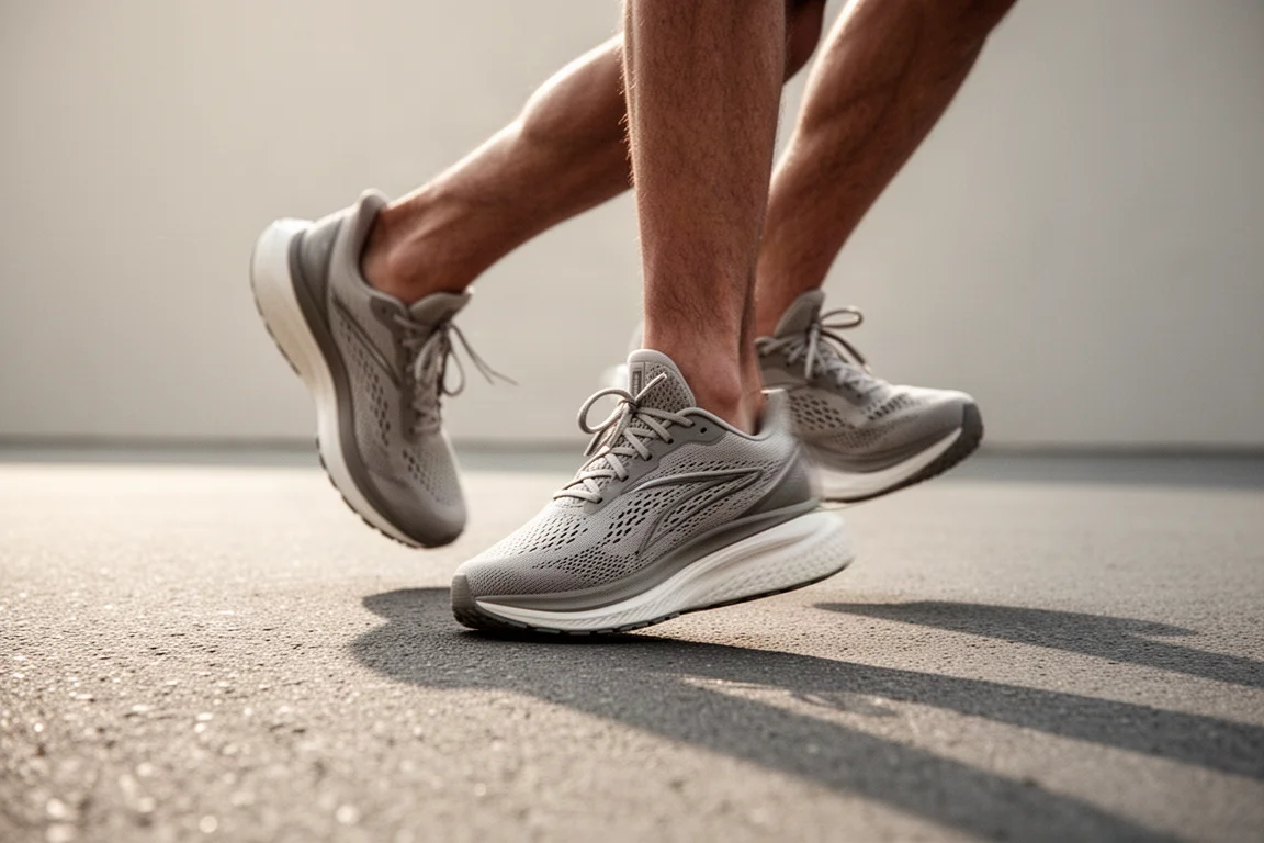 Läuferfüße landen beim lockeren Lauf auf Asphalt in einem neutralen Daily Trainer