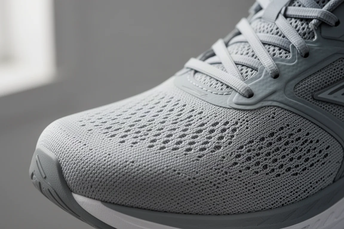 Nahaufnahme des weichen, technischen Mesh-Obermaterials eines Laufschuhs