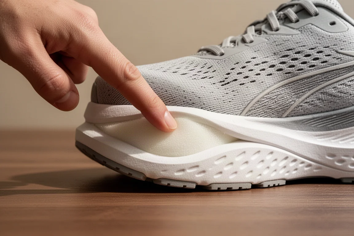 Hand drückt in den Midsole-Schaumstoff eines Laufschuhs