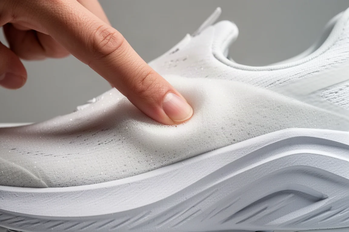 Vista detallada de la gruesa espuma blanca de la mediasuela de una zapatilla de running