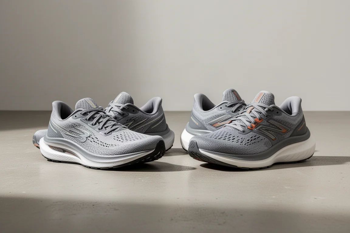 Two pairs of Saucony running shoes side by side on a studio floor