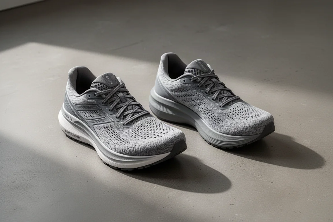 Two cushioned running shoes side by side on a concrete floor in soft light