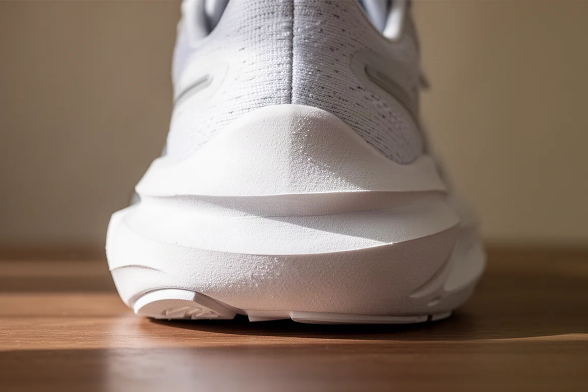 Close-up of a thick white midsole foam of a running shoe showing sidewall width