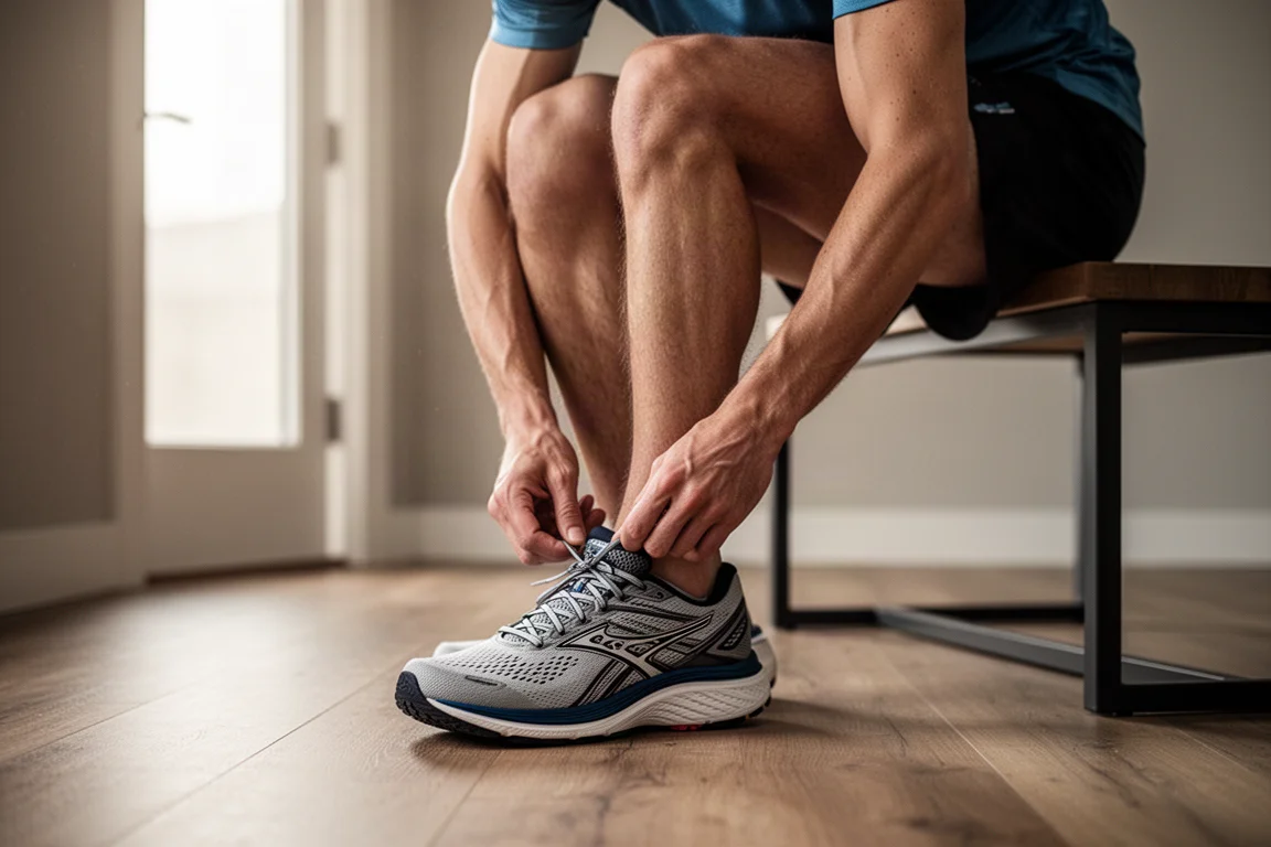 Runner tying the laces of a cushioned running shoe before an easy run