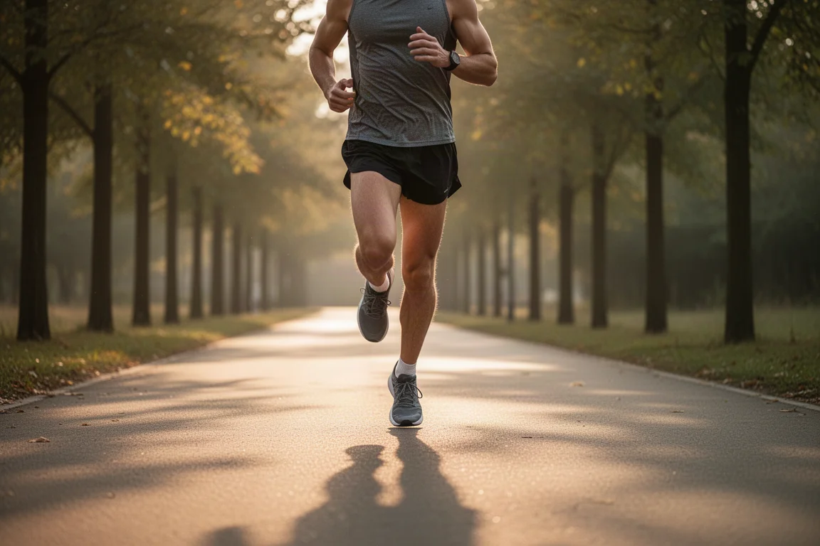 Runner jogging along a quiet tree-lined path in soft late afternoon light