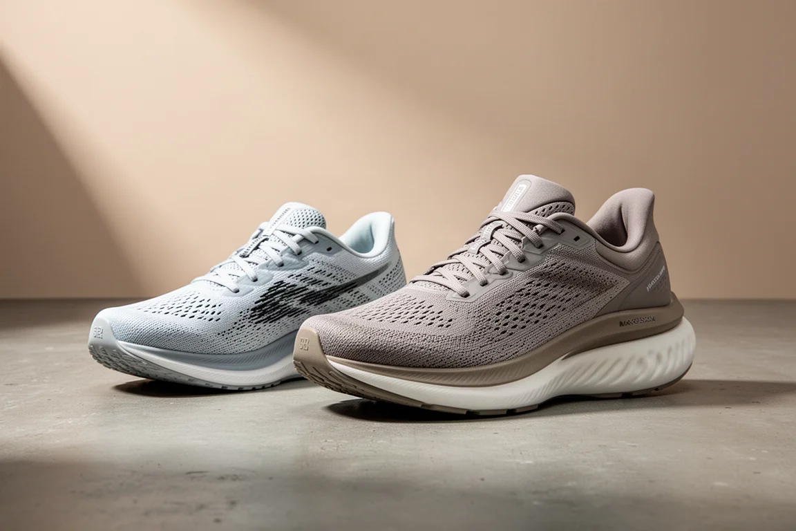 Two cushioned Saucony running shoes side by side on a matte concrete surface