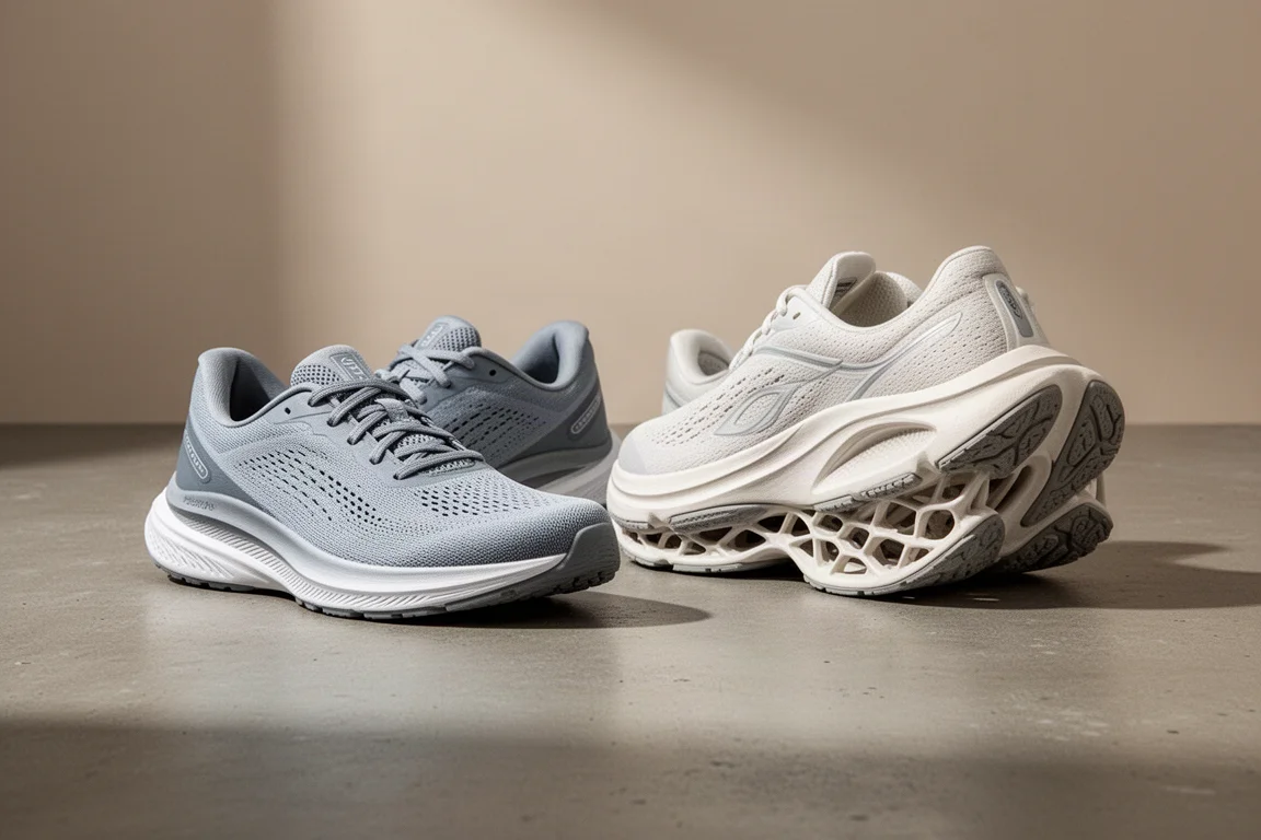 Two pairs of daily trainer running shoes side by side on concrete