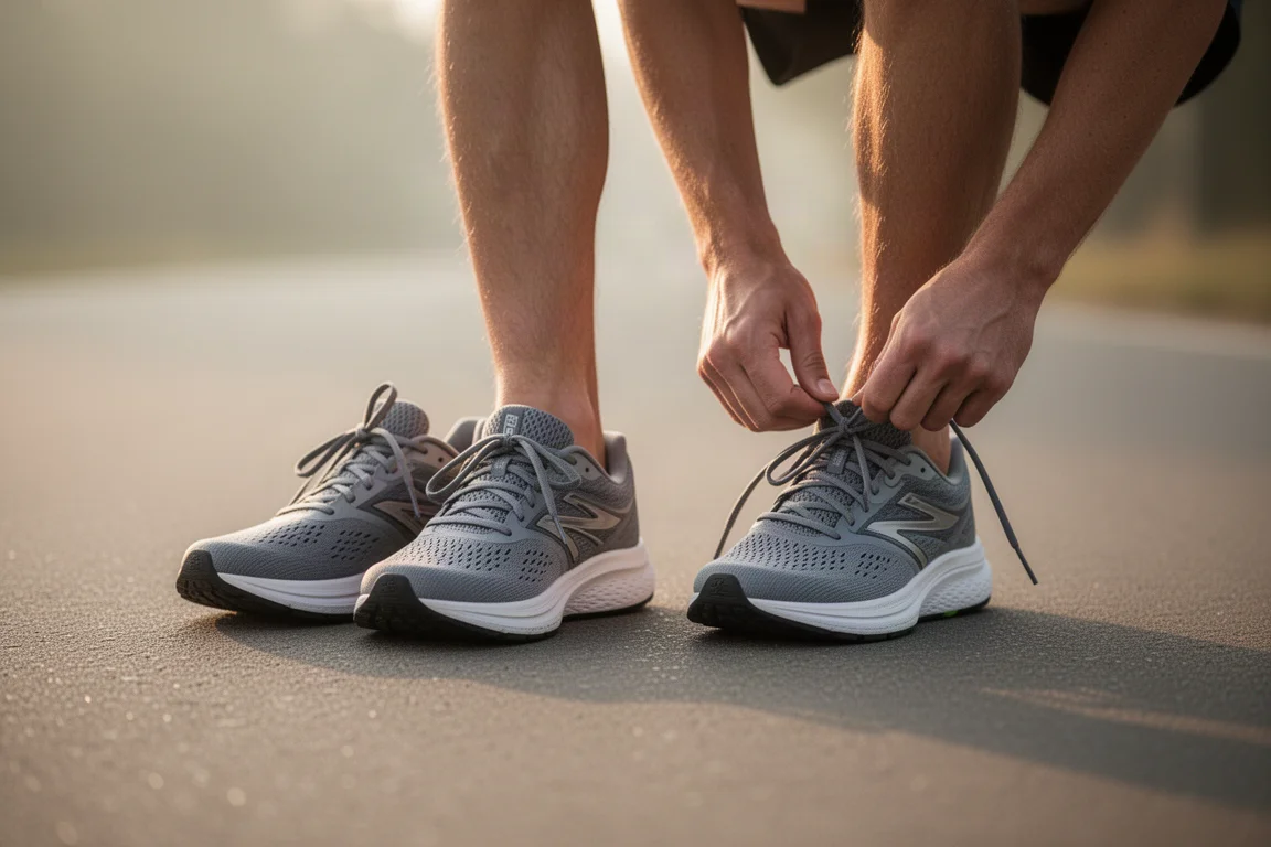 Corridore che allaccia due scarpe da allenamento quotidiano sul marciapiede prima di una corsa tranquilla