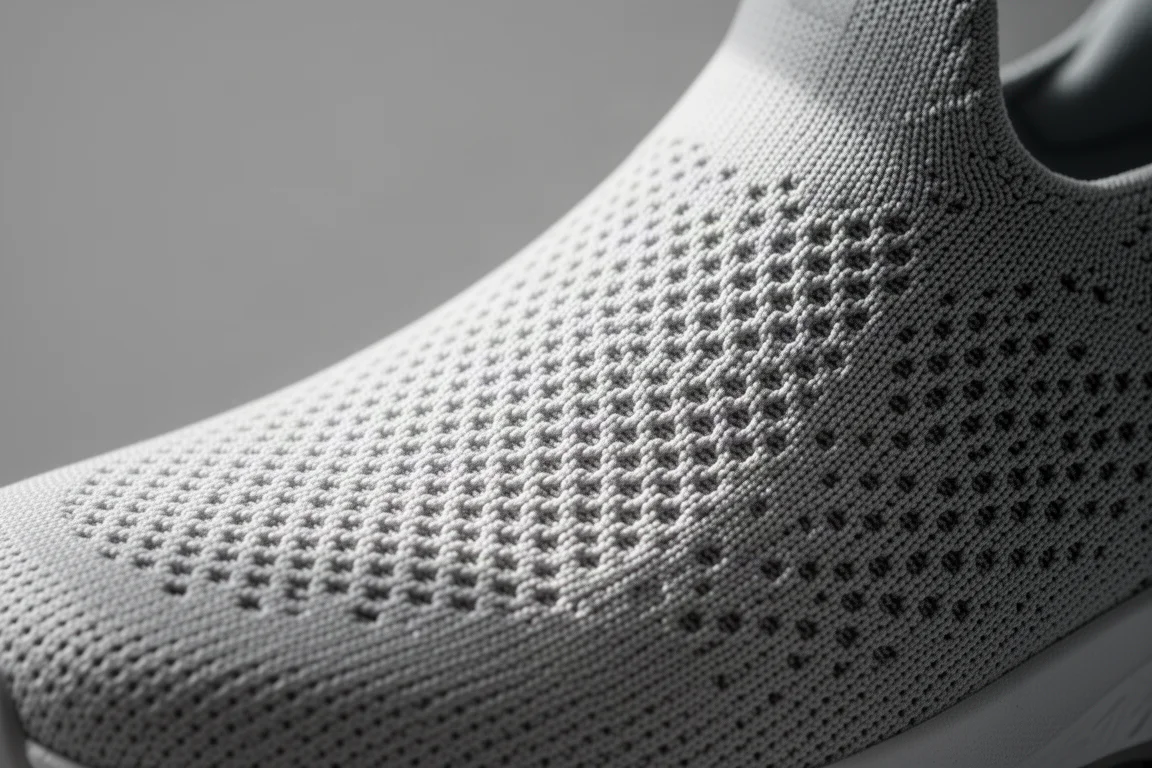 Primo piano della tomaia in mesh ingegnerizzato traspirante di una scarpa da running con texture visibile