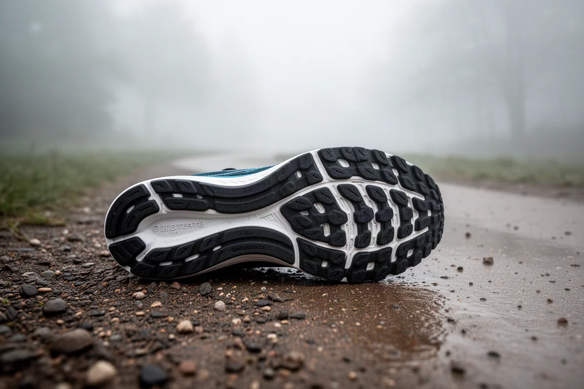 Suola di una scarpa da running con battuta in gomma antiscivolo appoggiata su ghiaia bagnata